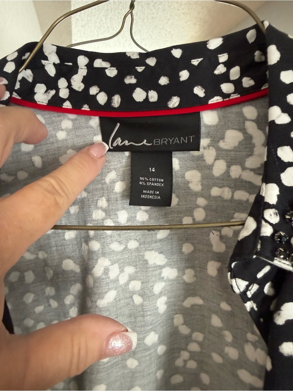 Lane Bryant Black and White Polka Dot Top with Red Trim